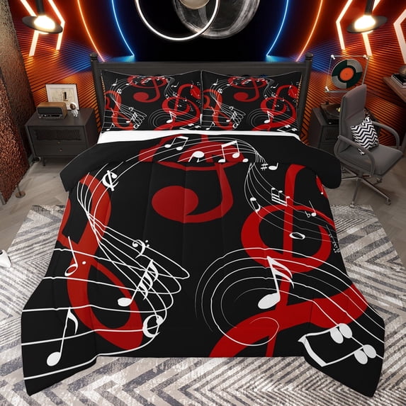 jejeloiu Music Melody Full Size Comforter Sets,Rock Musical Bedding Comforter Set,Red Black White Bedding Sets For Girls Boys,Microfiber Bedroom Decor Reversible,3-Piece