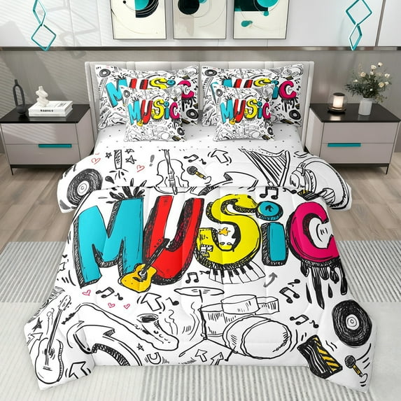 jejeloiu Music Theme 7-Piece Twin Bedding Sets,Colorful Hippie Graffiti Bedding Comforter Set,Musical Instruments Pattern Sheet Sets For Kids,Ultra Soft Home Decor Reversible