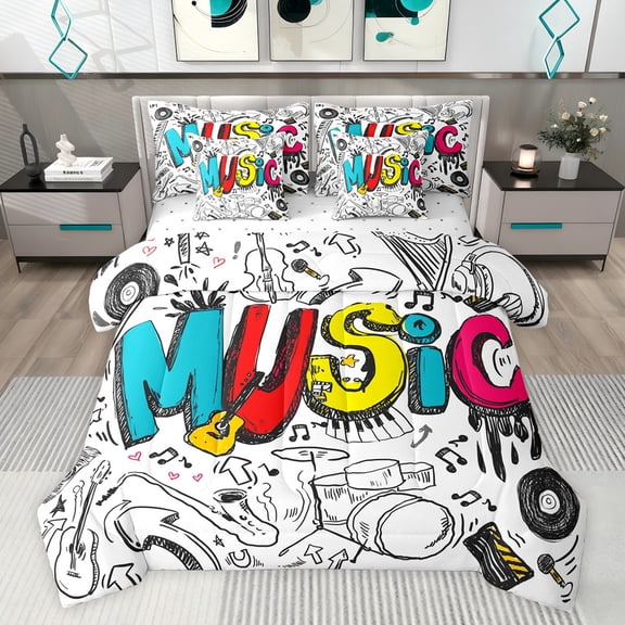 jejeloiu Music Theme 7 Pieces Bedding Comforter Set,Colorful Hippie Graffiti Full Bedding Set,Musical Instruments Pattern Fitted Sheet Flat Sheet For Kids,Ultra Soft Home Decor Reversible