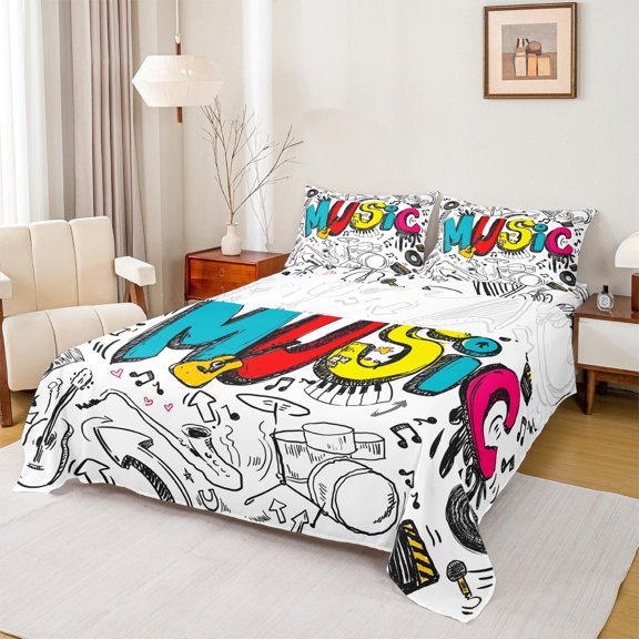 jejeloiu Music Theme Full Size Sheets,Colorful Hippie Graffiti Bed Sheets,Musical Instruments Pattern Sheet Sets For Kids,Ultra Soft Home Decor,4 Pieces