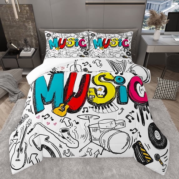 jejeloiu Music Theme Queen Comforter Set,Colorful Hippie Graffiti Bedding Sets,Musical Instruments Pattern Bedding Comforter Set For Kids,Ultra Soft Home Decor,3pcs