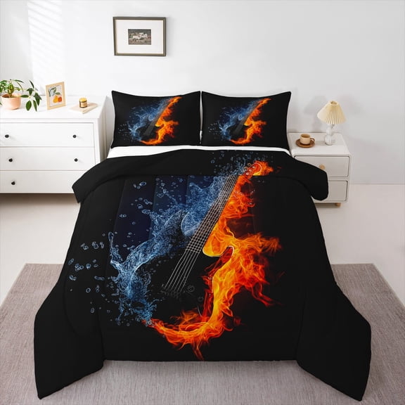 jejeloiu Musical Guitar Bedding Comforter Set,Music Theme Twin Comforter Sets,Black Orange Bedding Set,Microfiber Bedroom Decor Reversible,2pcs