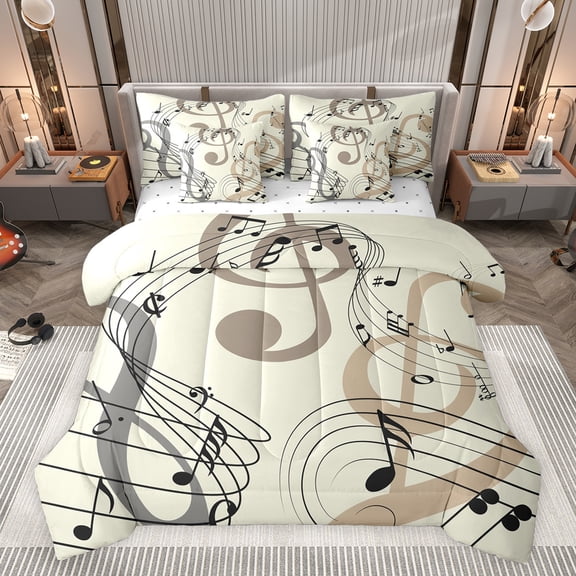 jejeloiu Musical Melody 7-Piece Twin Bedding Sets,Music Notes Bedding Comforter Set,Brown Beige Black Sheet Sets For Teens,Breathable Home Decor Reversible