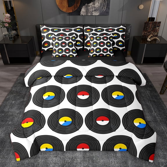 jejeloiu Musical Record 7-Piece Twin Bedding Sets,Abstract Geometric Circle Bedding Comforter Set For Girls Boys Reversible