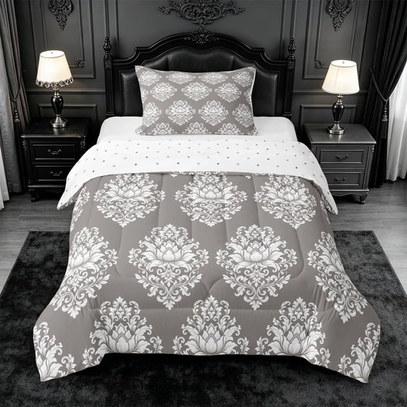 jejeloiu Muted Damask Twin Comforter Sets For Girls,Simple Floral Bedding Set,Gray White,Reversible,2-Piece,1 Comforter and 1 Pillowcase