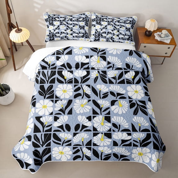 jejeloiu Muted Floral Quilt Full For Girls,Pastel Pattern Full Bedspread Sets,Light Blue Black,3pcs