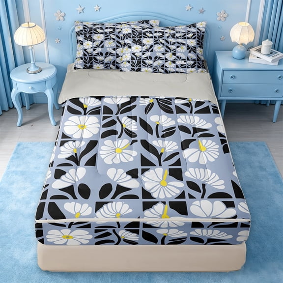 jejeloiu Muted Floral Zipper Twin Comforter Sets with Fitted Sheet and 2 Pillowcases For Girls,Pastel Pattern Zipper Bedding Set,Light Blue Black,Light Gray Reversible,4 Pieces