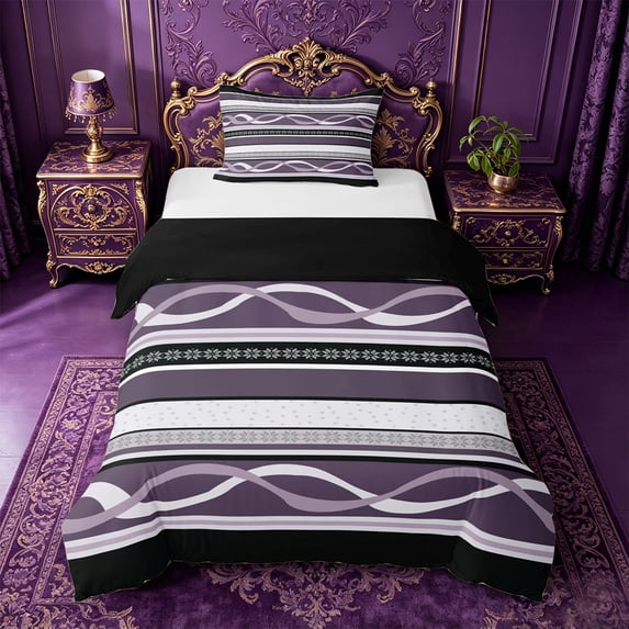 jejeloiu Mystic Striped Twin Duvet Cover,Dark Print Twin Bedding For Boys,Purple Black,Black Reversible,2-Piece,1 Duvet Cover and 1 Pillowcase