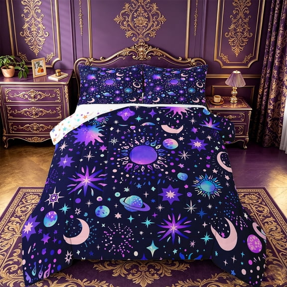 jejeloiu Mystical Celestial Queen Comforter Set For Men Women,Dreamy Moon Print Comforter Sets Queen,Purple Blue Black,Colorful Stars Reversible,3-Piece,1 Comforter and 2 Pillowcases