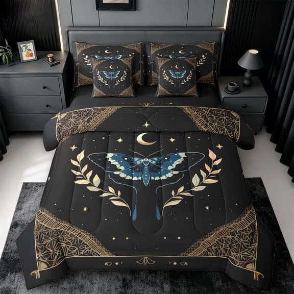 jejeloiu Mystical Moth 7-Piece Twin Bedding For Girls,Celestial Print Bedding Comforter Set,Black Blue Gold,Black Reversible