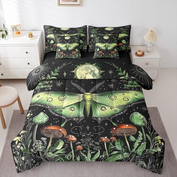 jejeloiu Natural Plant Mushroom 7-Piece Bedding Comforter Set,Gothic Moth King Bedding Sets,Green Black Bed Sheets For Children,Breathable Home Decor Reversible