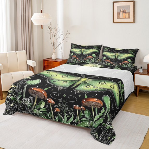 jejeloiu Natural Plant Mushroom Bed Sheets,Gothic Moth King Sheets,Green Black Sheet Set For Children,Breathable Home Decor,4-Piece
