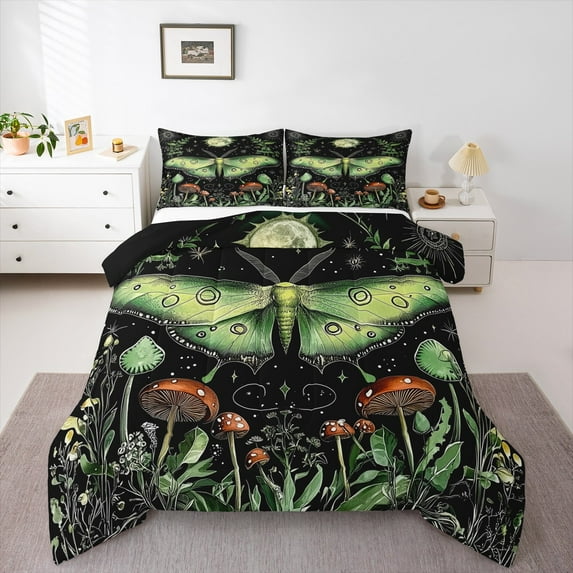jejeloiu Natural Plant Mushroom Full Size Comforter Sets,Gothic Moth Bedding Comforter Set,Green Black Bedding Sets For Children,Breathable Home Decor Reversible,3 Pieces