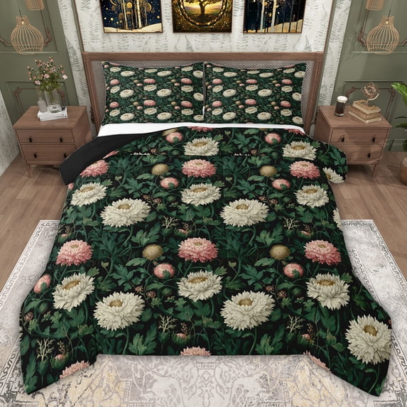 jejeloiu Nature Botanical Floral Full Size Comforter Sets,White Pink Green Bedding Sets For Adults Reversible 3 Pieces