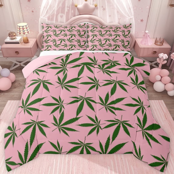 jejeloiu Nature Botanical Leaf Twin Comforter Sets,Pink Green Bedding Set For Girls Teens Reversible 2pcs