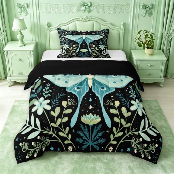 jejeloiu Nature Moth Twin Comforter Sets For Girls,Botanical Pattern Bedding Set,Black Teal Green,Black Reversible,2pcs,1 Comforter and 1 Pillowcase