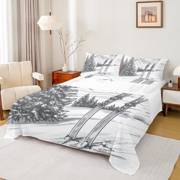 jejeloiu Nature Snow Mountain Twin Sheet Sets,Skiing Game Theme Twin Fitted Sheet,Gray Sketch Flat Sheet For Teens,Microfiber Bedroom Decor,3pcs