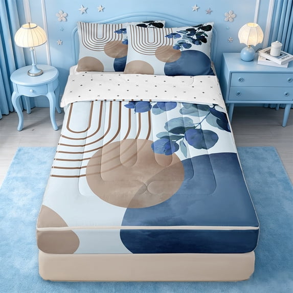 jejeloiu Nautical Abstract Zipper Full Size Comforter Sets with Fitted Sheet and 2 Pillowcases For Men Women,Coastal Print Zipper Bedding Set,Blue Brown,Reversible,4-Piece