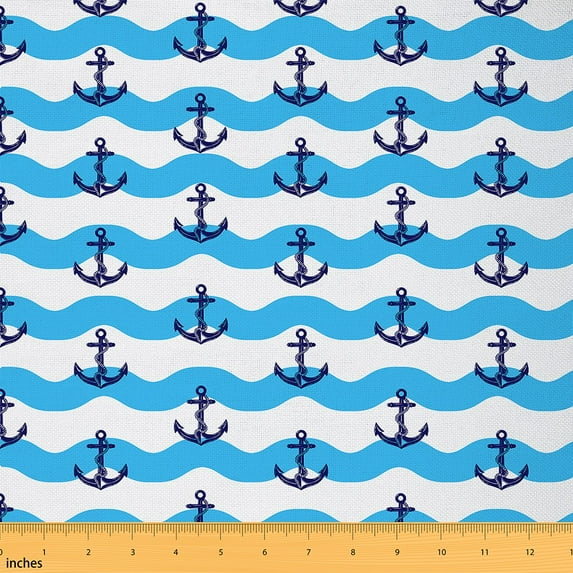 jejeloiu Nautical Anchor Fabric by the Yard 1 Yard, Blue White Home Decor Fabric by the Yard, Geometric Wave Stripe Room Decor Fabric by the Yard, Children Bedroom Decor