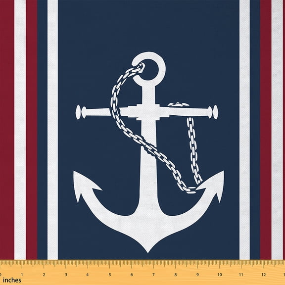 jejeloiu Nautical Anchor Fabric by the Yard 1 Yard, Navy Blue White Red Stripe Sewing Fabric, Coastal Lodge Cabin Room Decor Fabric by the Yard, Super Cozy Room Decor