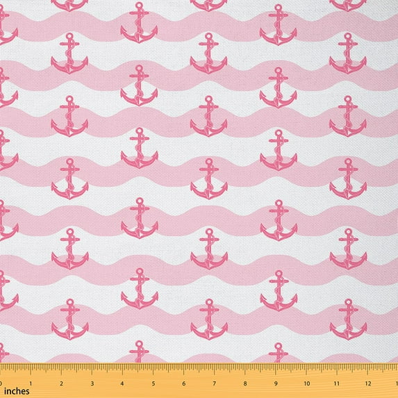 jejeloiu Nautical Anchor Fabric by the Yard 1 Yard, Pink White Home Decor Fabric by the Yard, Geometric Wave Stripe Room Decor Fabric by the Yard, Girls Room Decor