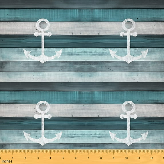 jejeloiu Nautical Anchor Fabric by the Yard 3 Yards, Teal Turqoise Gray Stripe Sewing Fabric, Rustic Barn Door Fabric for Sewing