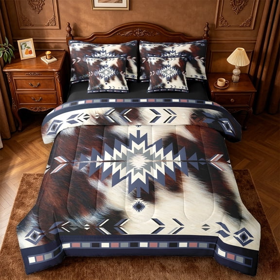 jejeloiu Nautical Aztec 7-Piece Twin Bedding,Cowhide Print Bedding Comforter Set For Boys,Blue Brown White,Black Reversible