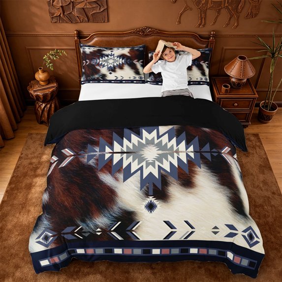 jejeloiu Nautical Aztec Bedding,Cowhide Print Duvet Cover Full For Boys,Blue Brown White,Black Reversible,3-Piece,1 Duvet Cover and 2 Pillowcases