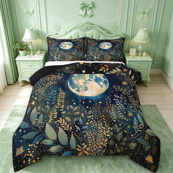 jejeloiu Nautical Botanical Full Size Comforter Sets For Girls,Calm Print Bedding Comforter Set,Multicolor Navy,Black Reversible,3pcs,1 Comforter and 2 Pillowcases