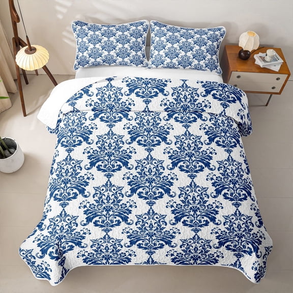 jejeloiu Nautical Damask Bed Spread Queen For Girls,Crisp Floral Queen Coverlet Set,Blue White,3 Pieces