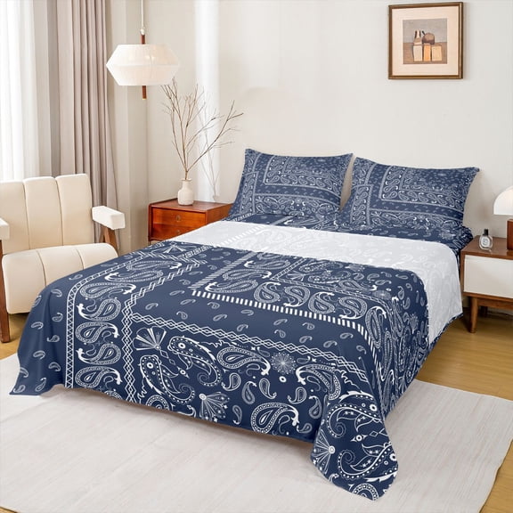 jejeloiu Nautical Floral Queen Sheets For Men Women,Navy Print Queen Sheet Sets,Blue White,4pcs,1 Flat Sheet, 1 Fitted Sheet and 2 Pillowcases