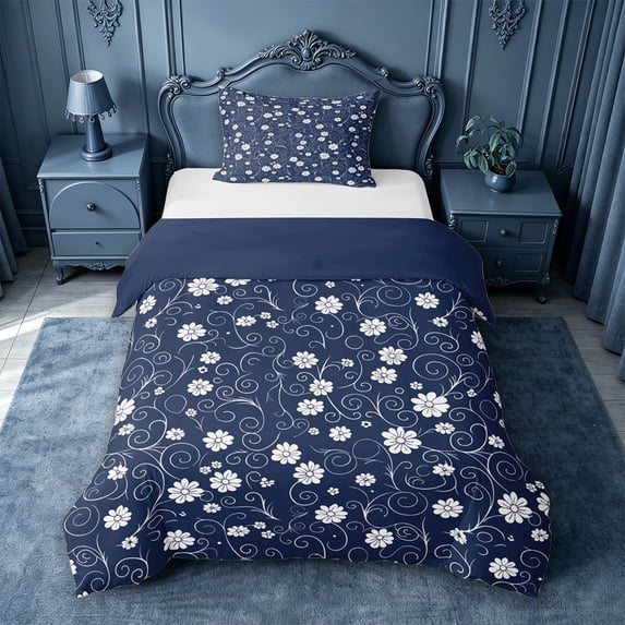 jejeloiu Nautical Floral Twin Duvet Cover For Girls,Delicate Daisy Twin Bedding,Navy White,Navy Blue Reversible,2pcs,1 Duvet Cover and 1 Pillowcase