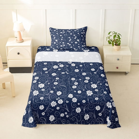 jejeloiu Nautical Floral Twin Sheets For Girls,Delicate Daisy Bedding,Navy White,3pcs,1 Fitted Sheet and 1 Pillowcase