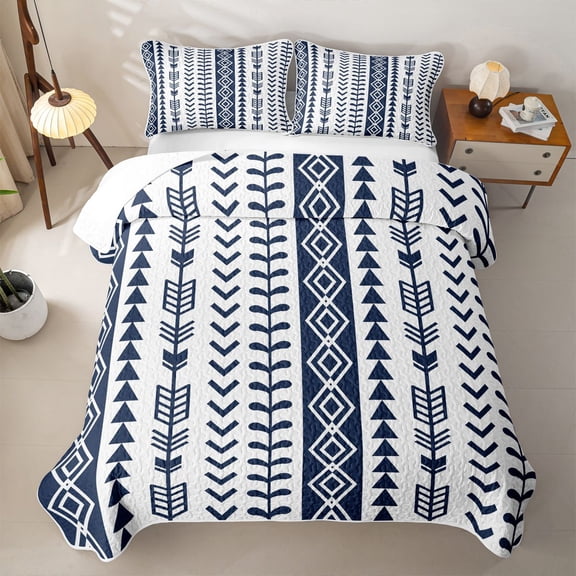 jejeloiu Nautical Geometric Bed Spread Queen For Girls,Bold Tribal Queen Coverlet Set,Navy White,3 Pieces