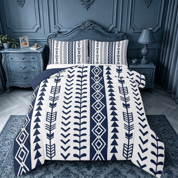 jejeloiu Nautical Geometric Full Size Comforter Sets For Girls,Bold Tribal Bedding Comforter Set,Navy White,Navy Blue Reversible,3 Pieces,1 Comforter and 2 Pillowcases