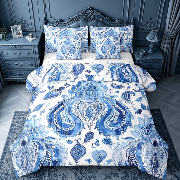 jejeloiu Nautical Paisley 7pcs Queen Bedding,Watercolor Pattern Bedding Comforter Set Queen For Adults,Blue White,Reversible