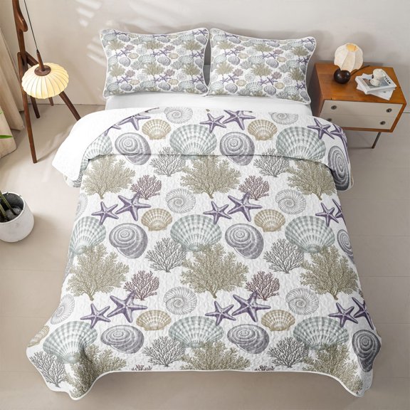jejeloiu Nautical Shell Pattern Bed Spread Queen For Girls,Starfish Coral Art Queen Coverlet Set,Purple White,3pcs
