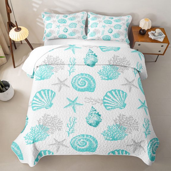 jejeloiu Nautical Shell Pattern Bed Spread Queen For Girls,Starfish Coral Print Queen Coverlet Set,Turquoise White,3-Piece