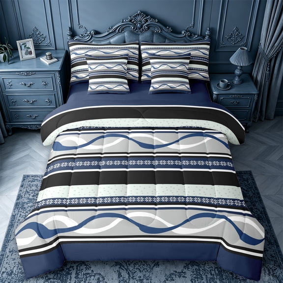 jejeloiu Nautical Striped 7-Piece Twin Bedding,Wave Print Bedding Comforter Set For Boys,Blue Gray,Navy Blue Reversible