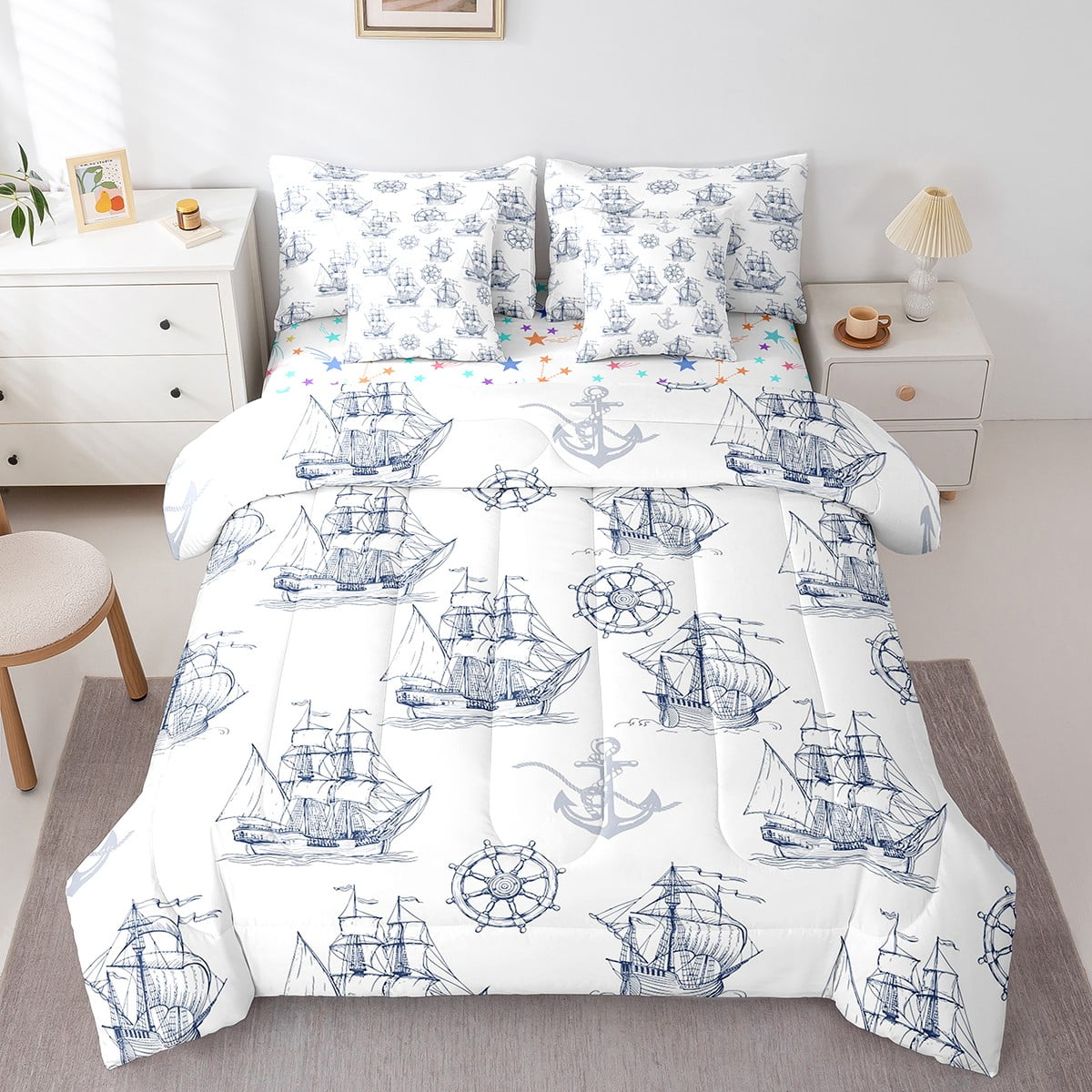 jejeloiu Nautical Theme Bedding Comforter Set,7Piece,Blue Sketch