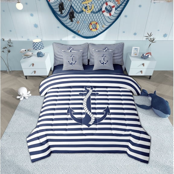 jejeloiu Nautical Theme Bedding Comforter Set 7 Pieces,Ocean Ship Anchor Full Bedding Set,Blue Geometric Stripes Fitted Sheet Flat Sheet For Boys Teens,Luxury Bedroom Decor Reversible