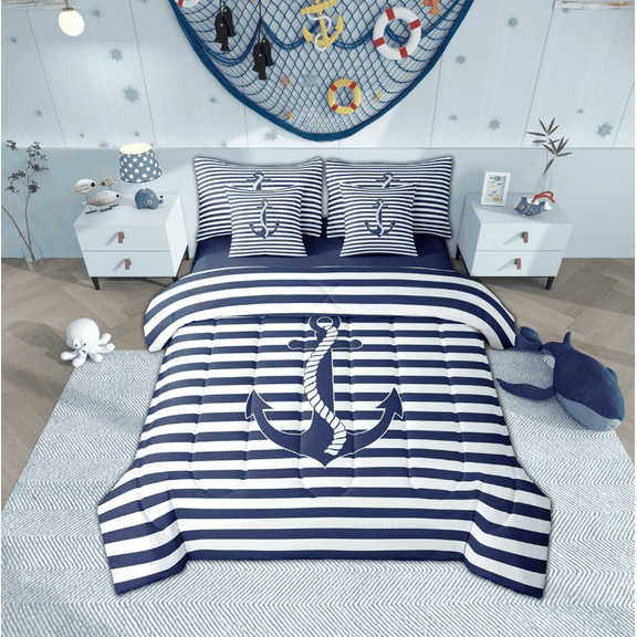jejeloiu Nautical Theme Twin Bedding Sets 7-Piece,Ocean Ship Anchor Bedding Comforter Set,Blue Geometric Stripes Sheet Sets For Boys Teens,Luxury Bedroom Decor Reversible