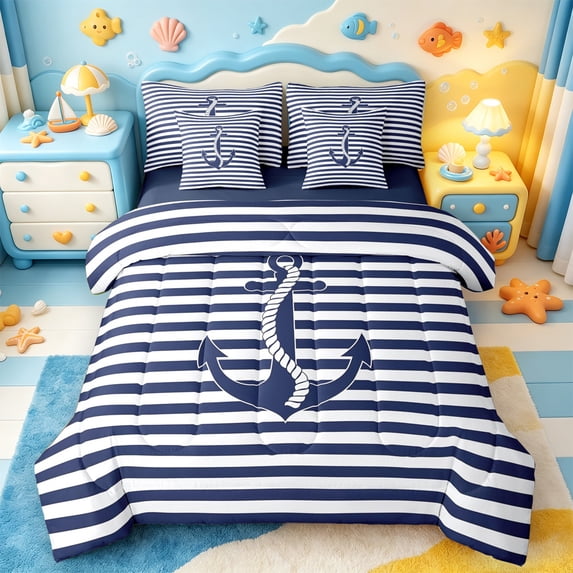 jejeloiu Nautical Theme Twin Bedding Sets 7-Piece,Ocean Ship Anchor Bedding Comforter Set,Blue Geometric Stripes Sheet Sets For Boys Teens,Luxury Bedroom Decor Reversible