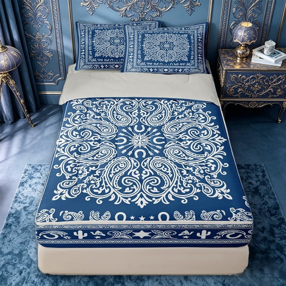 jejeloiu Nautical Vintage Floral Zipper Twin Comforter Sets with Fitted Sheet and 2 Pillowcases For Men Women,Paisley Print Zipper Bedding Set,Blue White,Light Gray Reversible,4-Piece