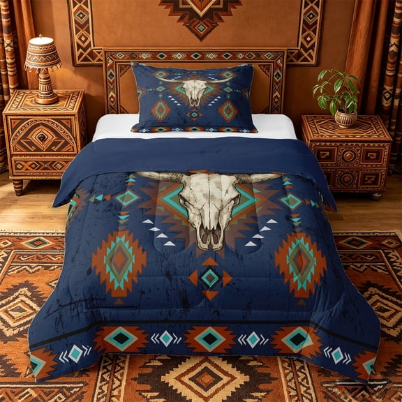 jejeloiu Navy Aztec Bull Skull Twin Comforter Sets Kids,Tribal Geometric Print Bedding SetFor Men,Reversible,2pcs