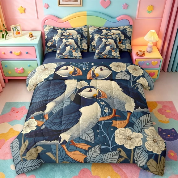 jejeloiu Navy Bird Puffin 7 Pieces Bedding Comforter Set Kids,Rustic Plant Floral Full Bedding Set For Girls,Reversible