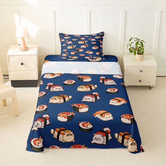 jejeloiu Navy Sushi Cat Pattern Twin Sheet Sets Kids,Cute Food Print Bedding,3 Pieces