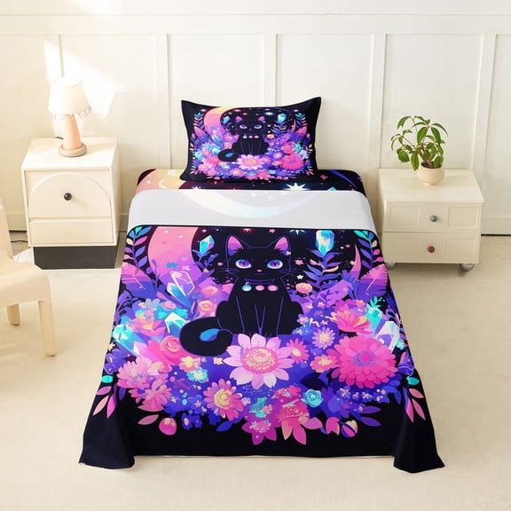 jejeloiu Neon Black Cat Twin Sheet Sets Kids,Colorful Flowers Bedding For Girls,3-Piece