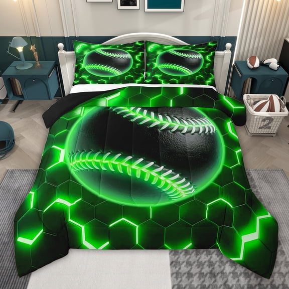 jejeloiu Neon Blue Baseball Twin Comforter Sets,Modern Geometric Hexagon Bedding Set For Boys Teens Reversible 2-Piece