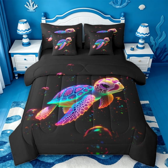 jejeloiu Neon Cartoon Turtle 7-Piece Twin Bedding Sets Kids,Magical Sea Animal Bedding Comforter Set,Reversible